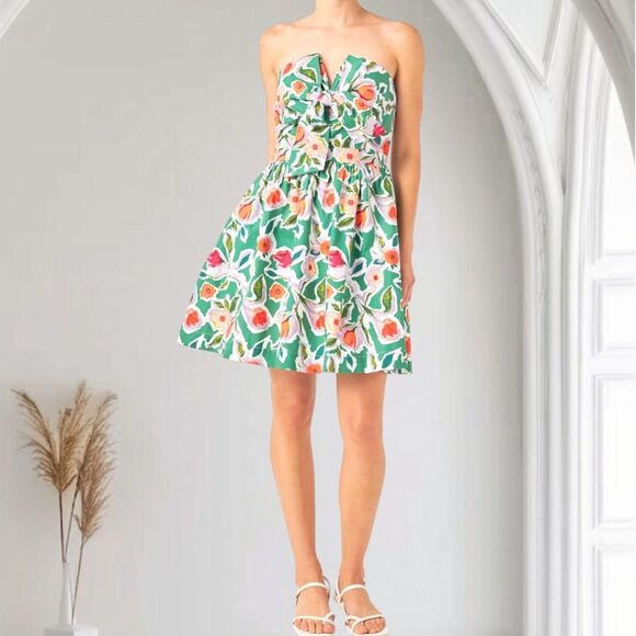 NWT English Factory Coquette Front Tie Green Multi Rose Flower Bustier Dress L - Picture 1 of 8